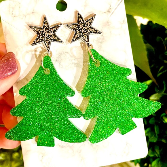 Acrylic Sparkle Christmas Tree Earrings - Picture 1 of 5